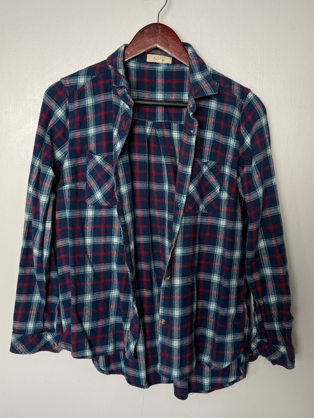 Anthropologie Love Notes Plaid Button-Up Shirt in Navy, Teal & Red